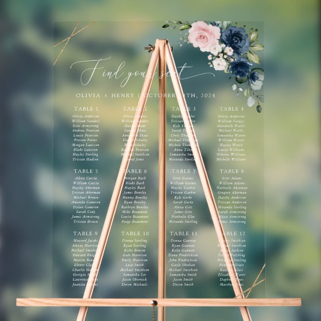 Navy Blue Flowers, Pink Flowers, Seating Chart (Neutral)