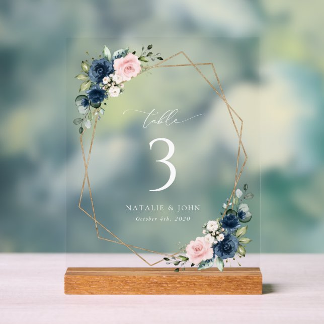 Navy Blue Flowers, Pink Flowers, Table Numbers Acrylic Sign (Neutral)