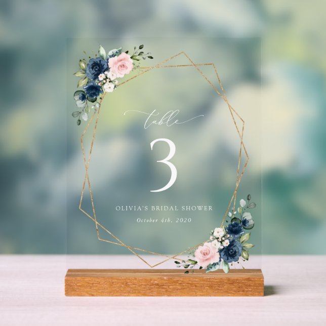 Navy Blue Flowers, Pink Flowers, Table Numbers Acrylic Sign (Neutral)