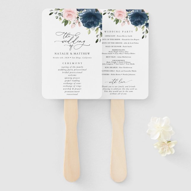 Navy Blue Flowers, Pink Flowers, Wedding Program Hand Fan (Front and Back)