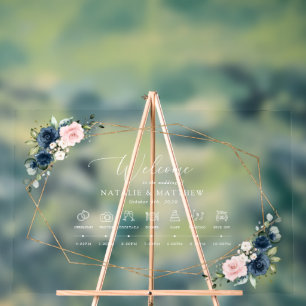Navy Blue Flowers, Pink Flowers, Wedding Timeline Acrylic Sign