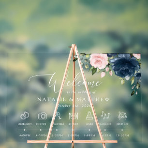 Navy Blue Flowers, Pink Flowers, Wedding Timeline Acrylic Sign