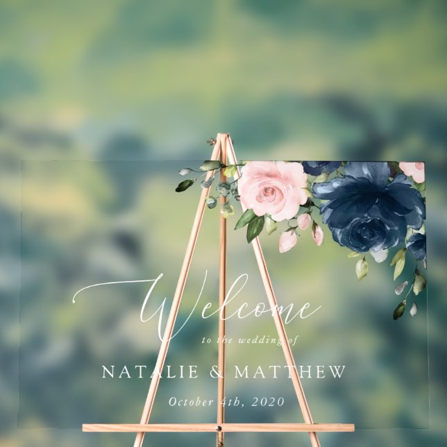 Navy Blue Flowers, Pink Flowers, Wedding Welcome Acrylic Sign (Neutral)