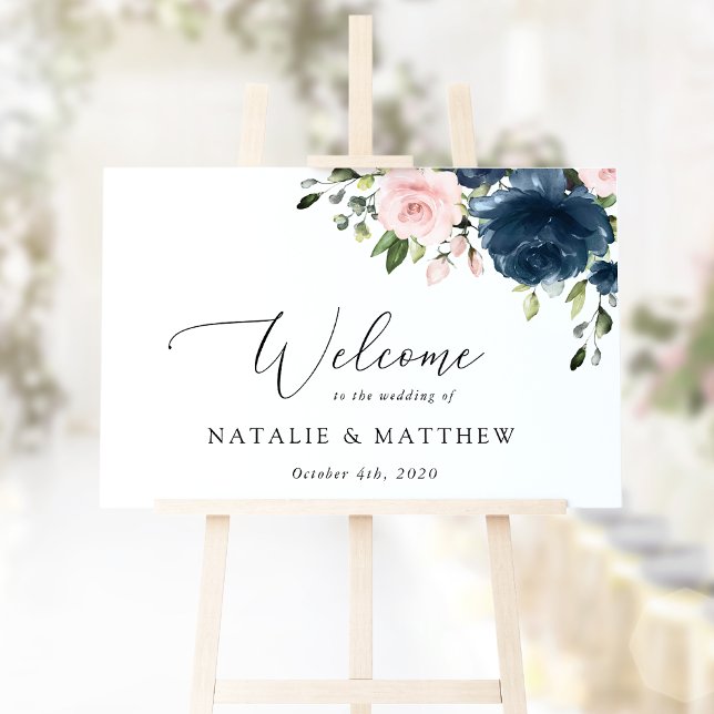 Navy Blue Flowers, Pink Flowers, Wedding Welcome Poster (Creator Uploaded)