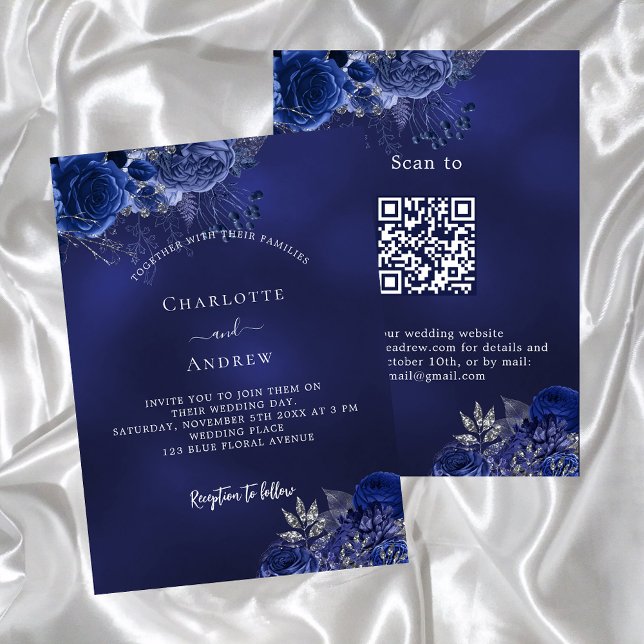 Navy blue flowers QR code RSVP luxury wedding Invitation (Creator Uploaded)