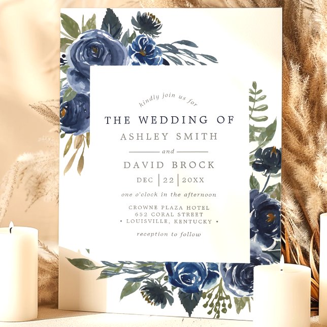 Navy Blue Flowers Watercolor Floral Rustic Wedding Invitation (Creator Uploaded)