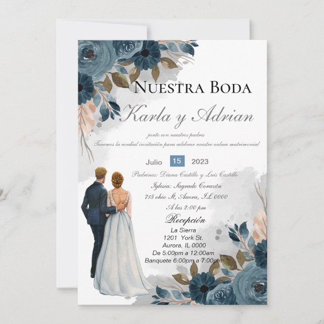 Navy blue Flowers Wedding Invitation (Front)