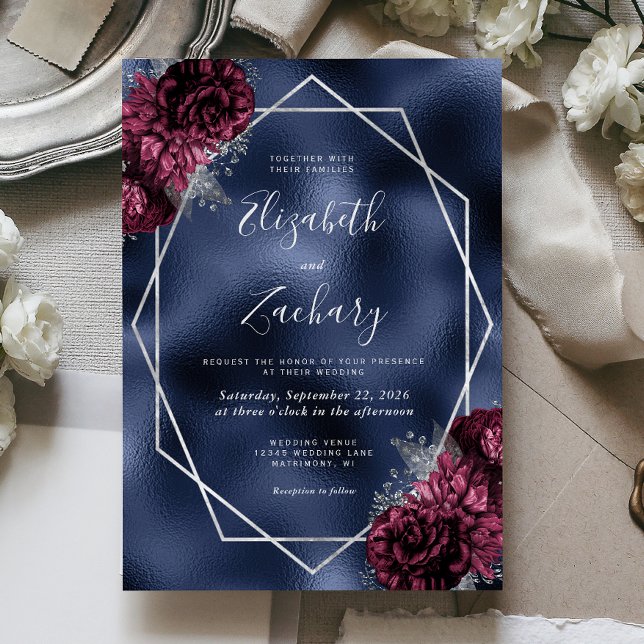Navy Blue Foil Burgundy Silver Floral Wedding Invitation (Creator Uploaded)