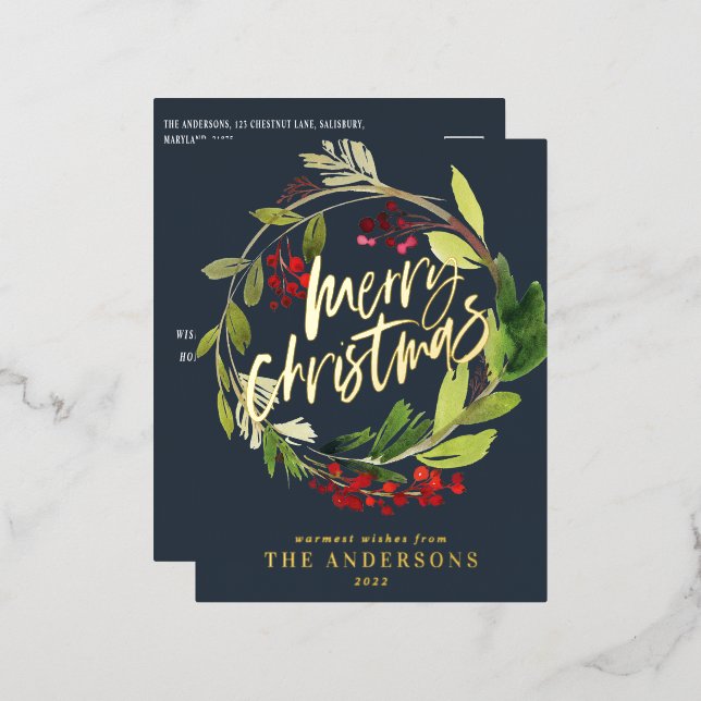 Navy blue foliage elegant non photo Christmas Foil Holiday Postcard (Front/Back)