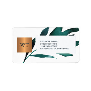 Navy blue foliage  metallic copper square monogram label