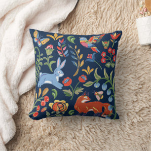 Navy Blue Folk Art Woodland Animal Floral Decor Cushion