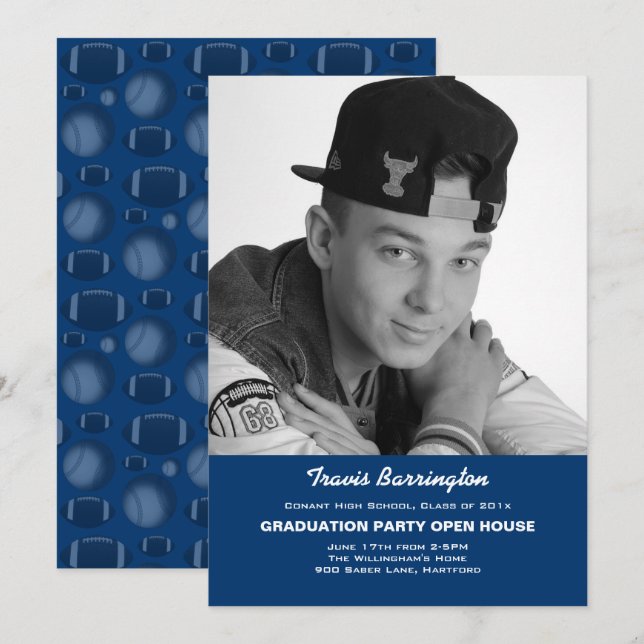 Navy Blue Football Photo Guy Grad Party Invitation (Front/Back)