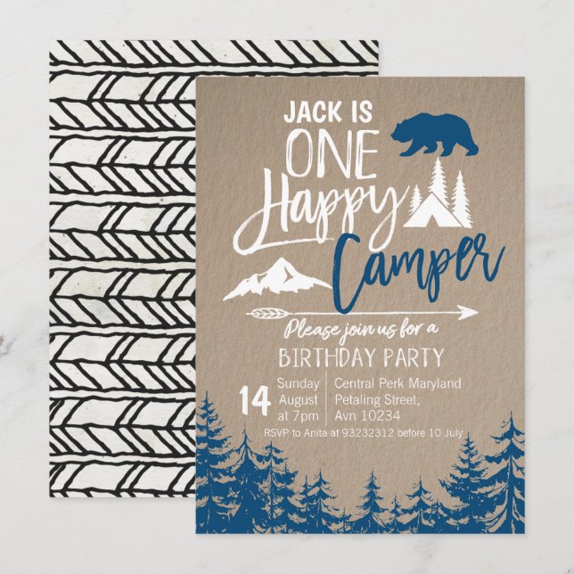 Navy Blue Forest Camping Birthday party Invitation (Front/Back)