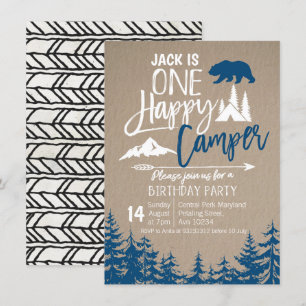 Navy Blue Forest Camping Birthday party Invitation