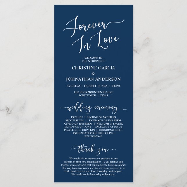 Navy Blue, Forever in Love, Wedding Ceremony Programme (Front)