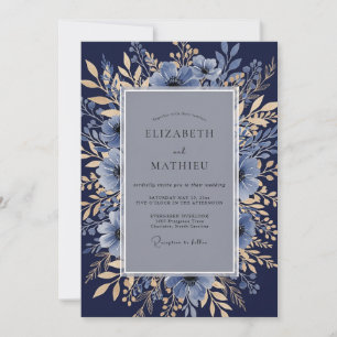 Navy Blue Formal Botanical Wedding Invitation