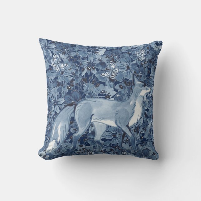 Navy Blue Fox Watercolor Floral Butterfly Fantasy Cushion (Front)