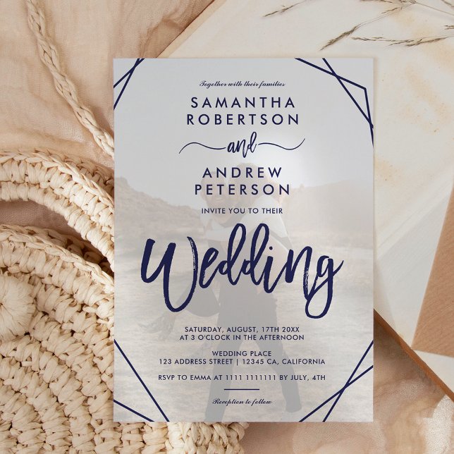 Navy blue frame simple photo script wedding invitation (Creator Uploaded)