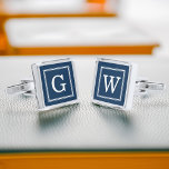 Navy Blue Framed Monogram Silver Finish Cufflinks<br><div class="desc">Modern and trendy monogram initial. .</div>