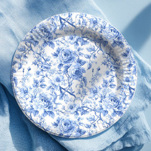Navy Blue French Toile Roses Floral Paper Plates