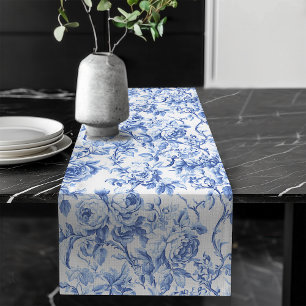 Navy Blue French Toile Roses Floral Table Runner