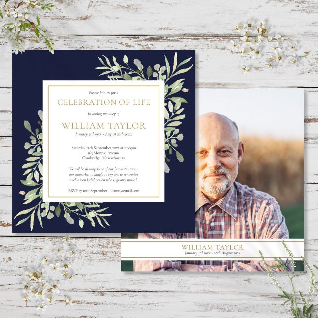 Navy Blue Funeral Celebration of Life Photo Square Invitation (Navy Blue Funeral Celebration of Life Photo Square Invitation)