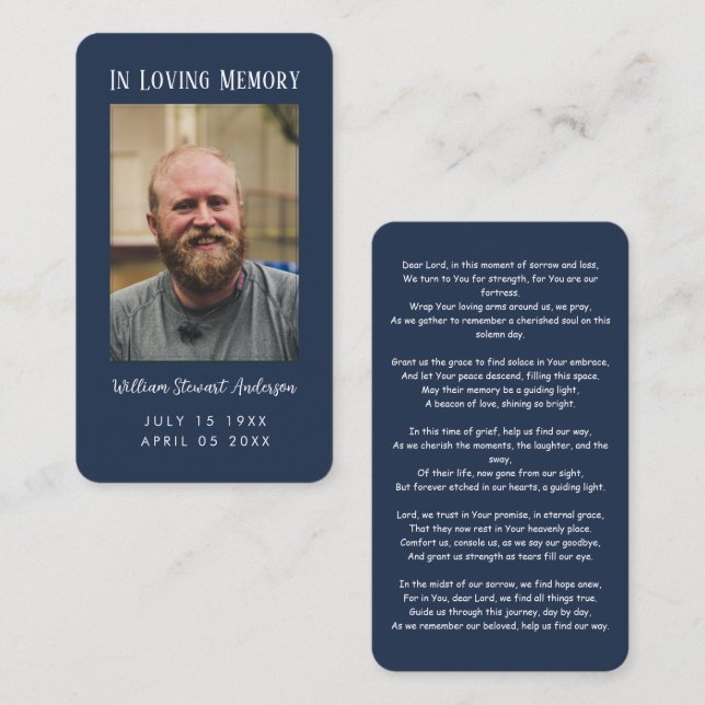 Navy Blue Funeral Memorial Prayer Photo Card (Front/Back)