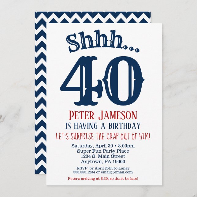Navy Blue Funny Men's Surprise Party Invitation (Front/Back)