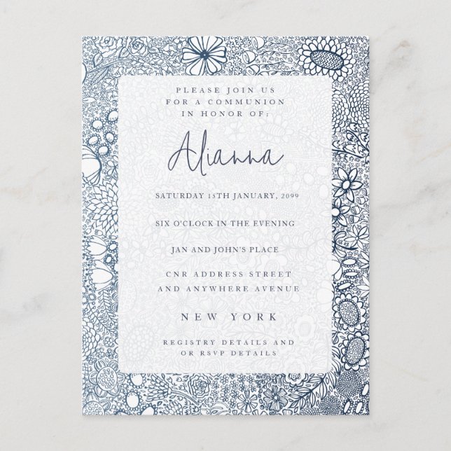 Navy Blue Garden Church Communion Confirmation Postcard (Front)