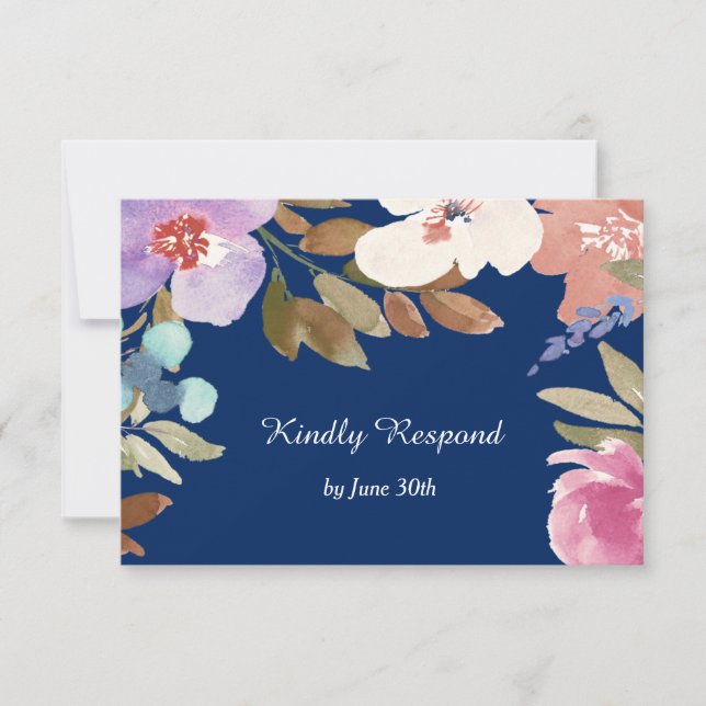 Navy Blue Garden Floral Wedding RSVP (Front)