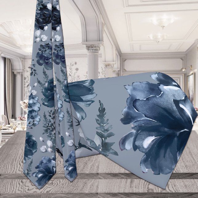 Navy Blue Garden Florals Dusty Blue Wedding  Tie (Creator Uploaded)