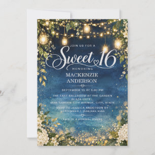 Navy Blue Garden Lights Floral Sweet 16 Invitation