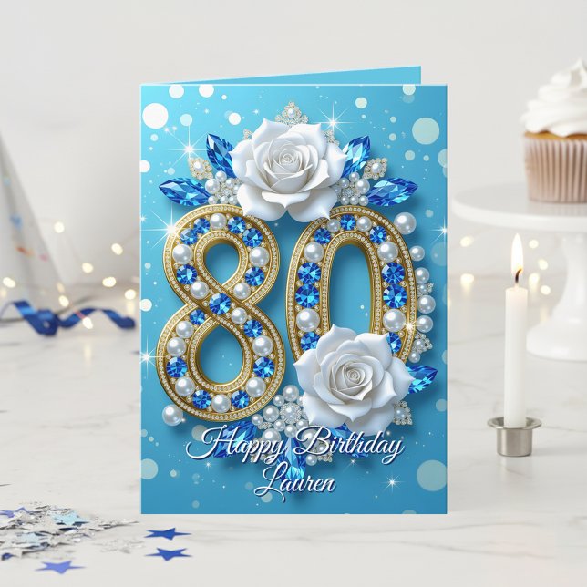 Navy Blue Gems & Gold Pearl 80th Birthday Greeting Card (Creator Uploaded)