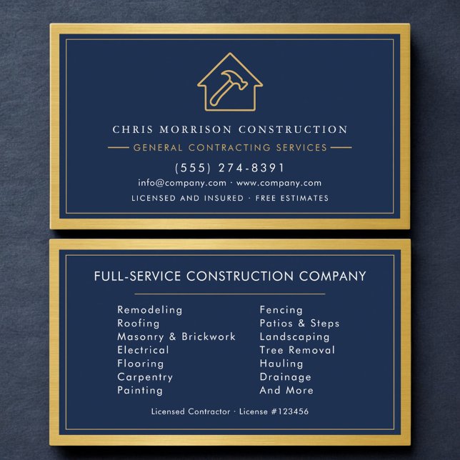 Navy Blue General Contractor Gold Metallic Business Card (Creator Uploaded)