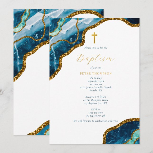 Navy Blue Geode Agate Gold Cross Baptism Invitation (Front/Back)
