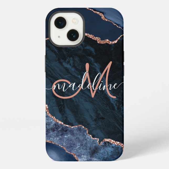 Navy Blue Geode Agate Rose Glitter Monogrammed iPhone Case (Back)