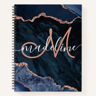 Navy Blue Geode Agate Rose Glitter Monogrammed Not Notebook
