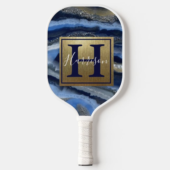 Navy Blue Geode Monogram & Name Customisable Pickleball Paddle (Front)