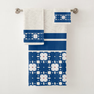 Navy Blue Geometric Floral Embossed Pattern Bath Towel Set