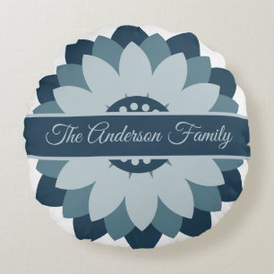 Navy Blue Geometric Floral Medallion Abstract Round Cushion
