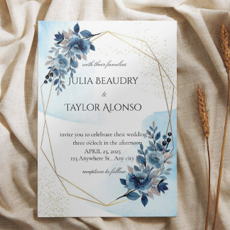 Navy Blue Geometric Floral Wedding Invitation