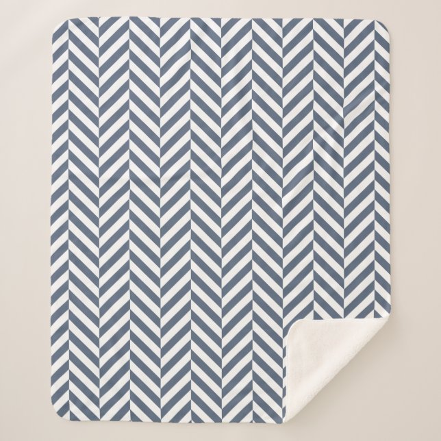 Navy Blue Geometric Herringbone Pattern Sherpa Blanket (Front)
