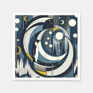 Navy Blue Geometric Night With Moon and Penguin Napkin