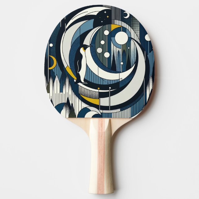 Navy Blue Geometric Night With Moon and Penguin Ping Pong Paddle (Front)