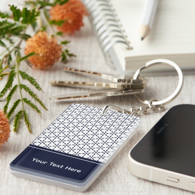 Navy Blue Geometric Pattern on White Key Ring (Front Right)