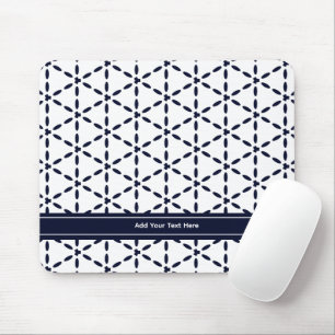 Navy Blue Geometric Pattern on White Mouse Mat