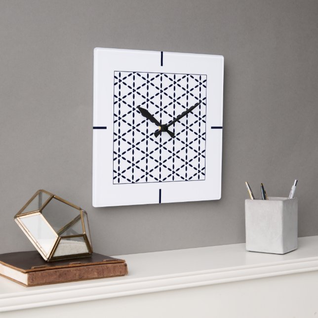 Navy Blue Geometric Pattern on White Square Wall Clock (Office)