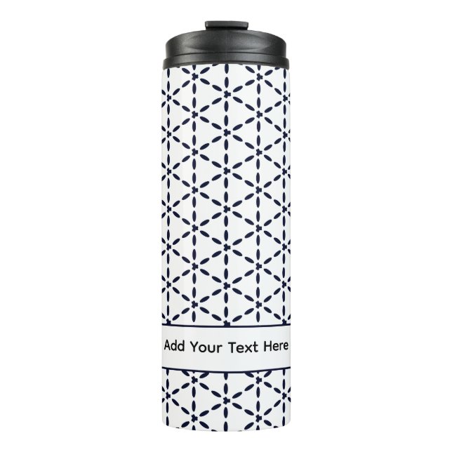 Navy Blue Geometric Pattern on White Thermal Tumbler (Front)
