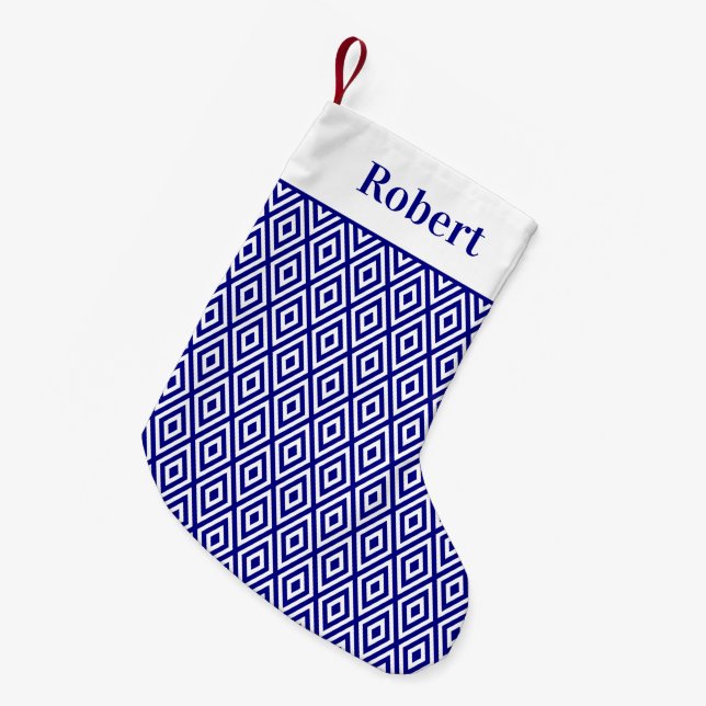 Navy Blue Geometric Pattern with Name Small Christmas Stocking (Front (Hanging))