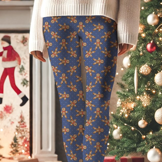 Navy Blue Gingerbread Man Polka Dot Christmas Leggings (Creator Uploaded)